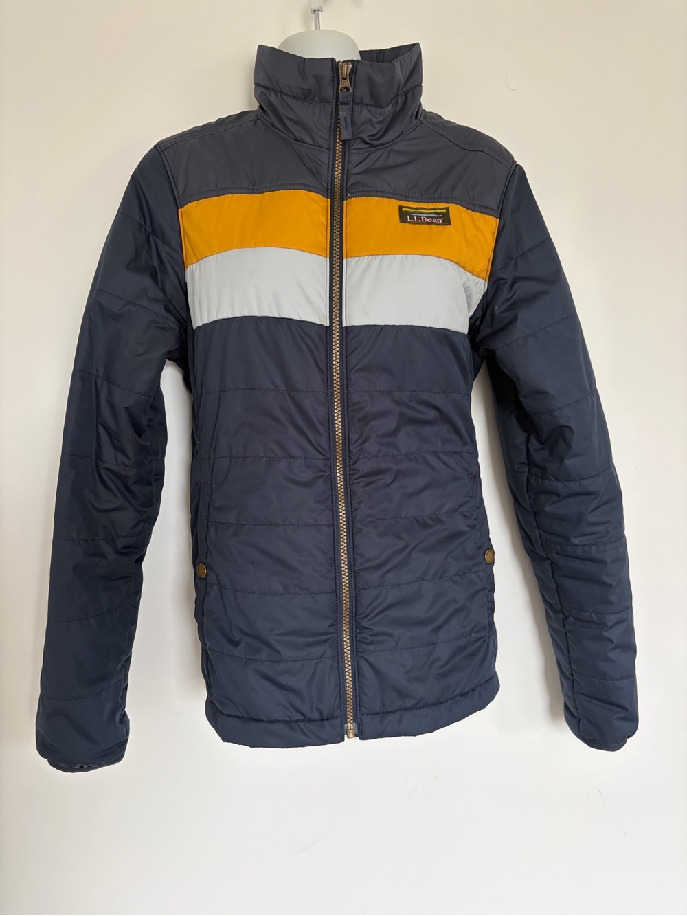 L.L. Bean Navy Puffer Jacket with Yellow and Light Gray Stripes